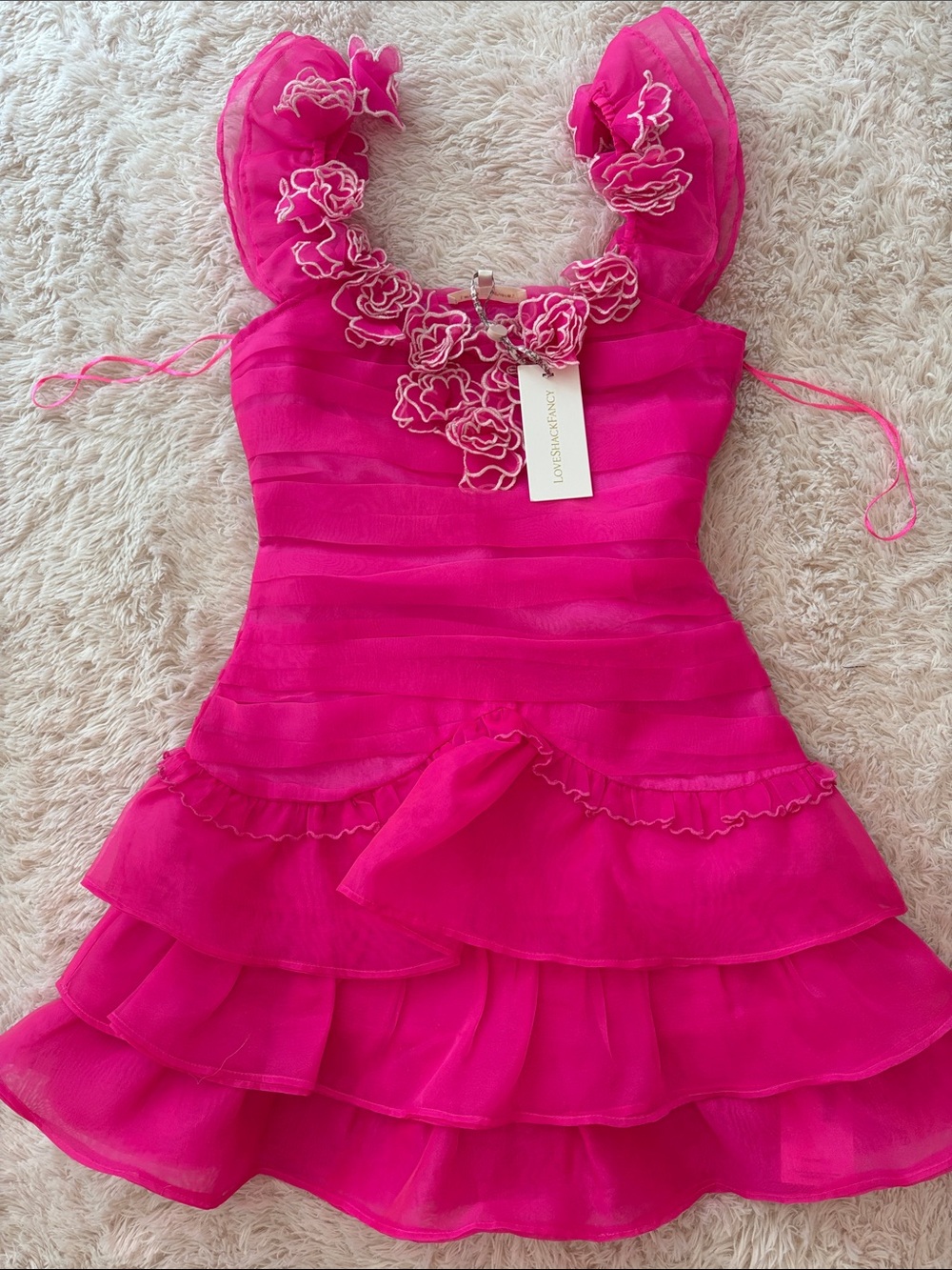 Love Shack Fancy Fuchsia Ruffled Cocktail Dress with Rosette Neckline